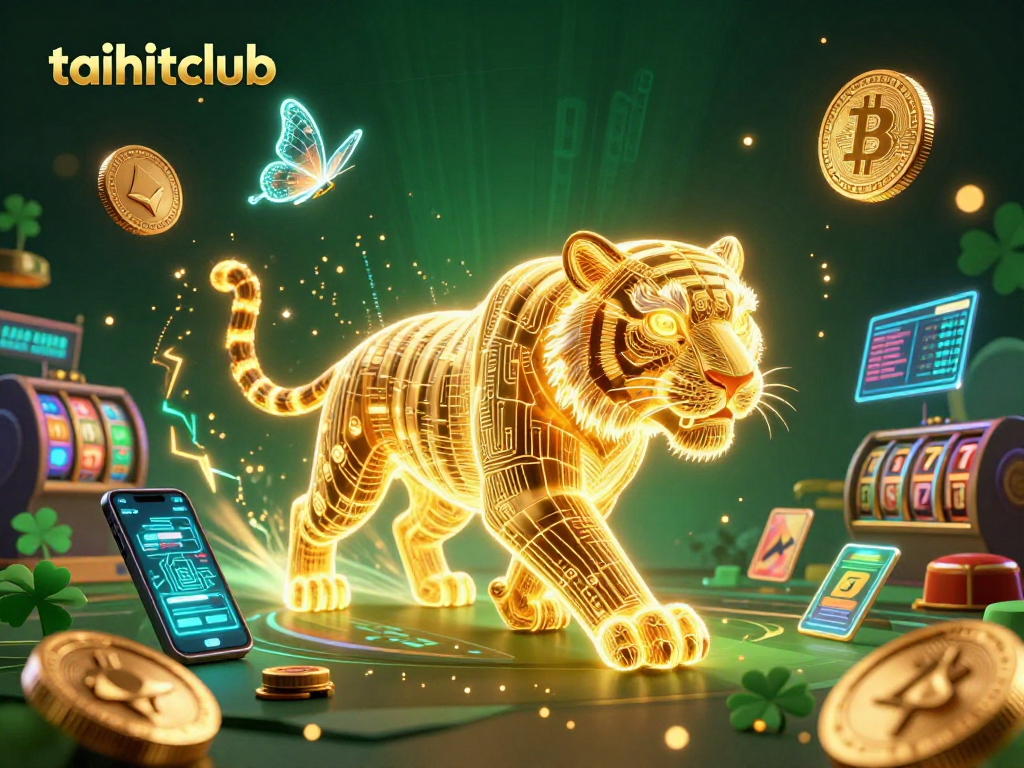 Engage with taihitclub's vibrant digital casino adventure featuring a glowing golden tiger and crypto elements.