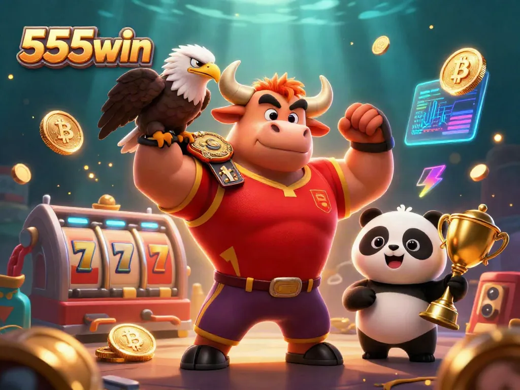 Experience the excitement of 555win with a victory pose by the bull mascot alongside friends in a vibrant casino setting.