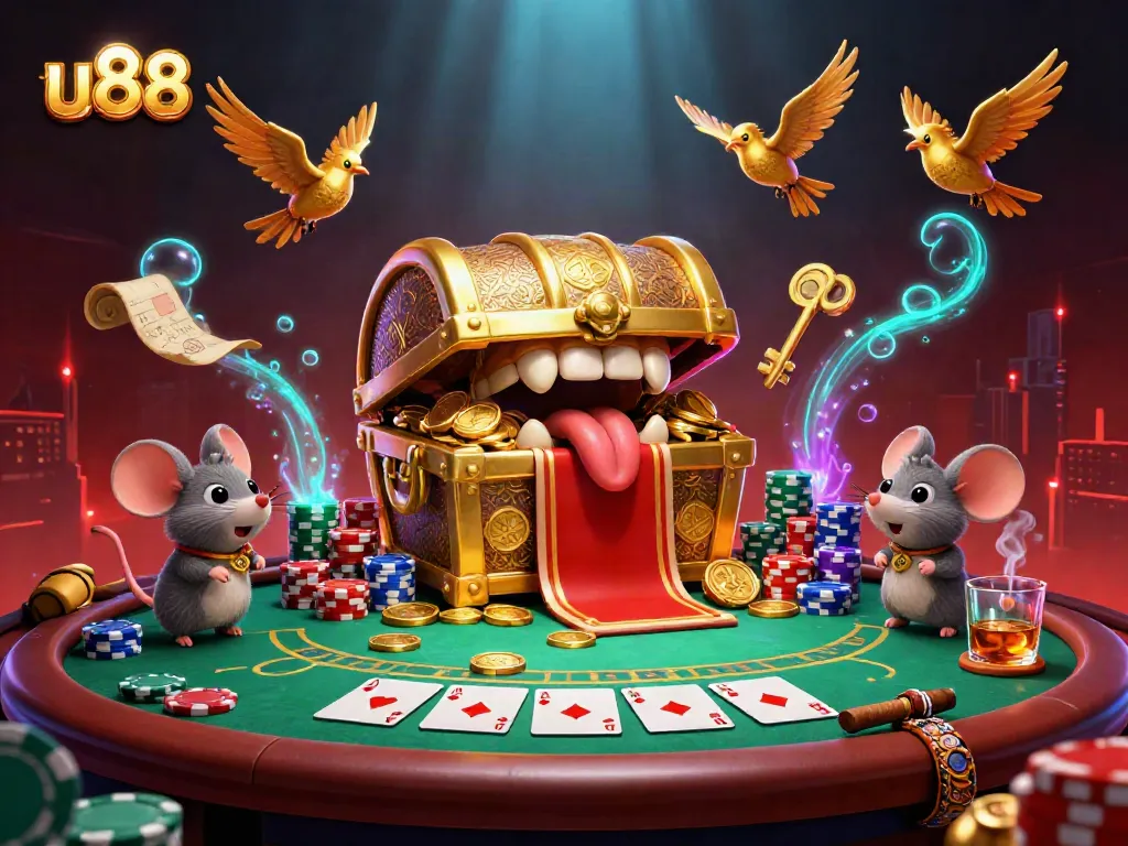 Experience thrilling gaming action with u88's vibrant 3D casino illustration featuring treasure chests and poker elements.