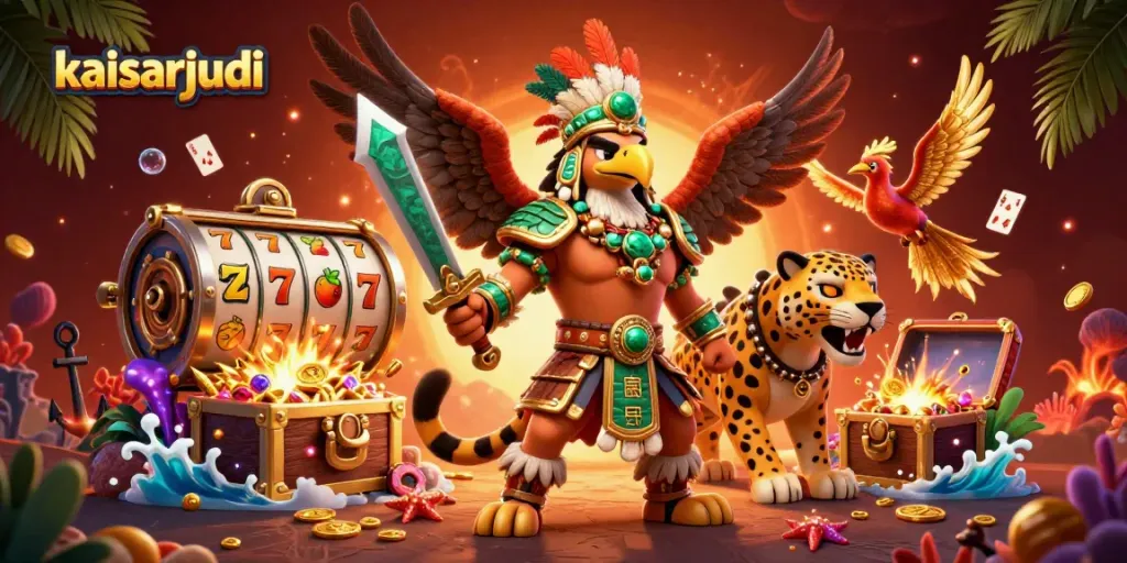 Engage with kaisarjudi's thrilling casino atmosphere surrounded by vibrant 3D warriors and slot reels.