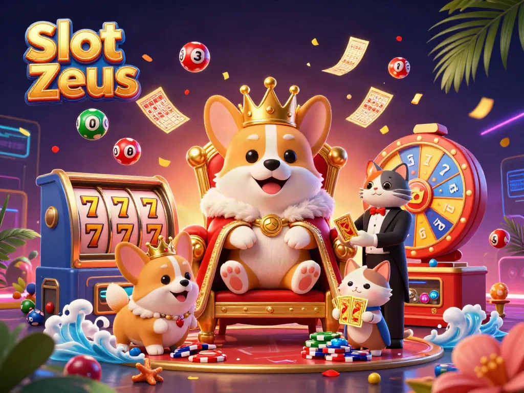 Nikmati Slot Zeus dengan gambar kartun corgi kerajaan dan elemen kasino memukau