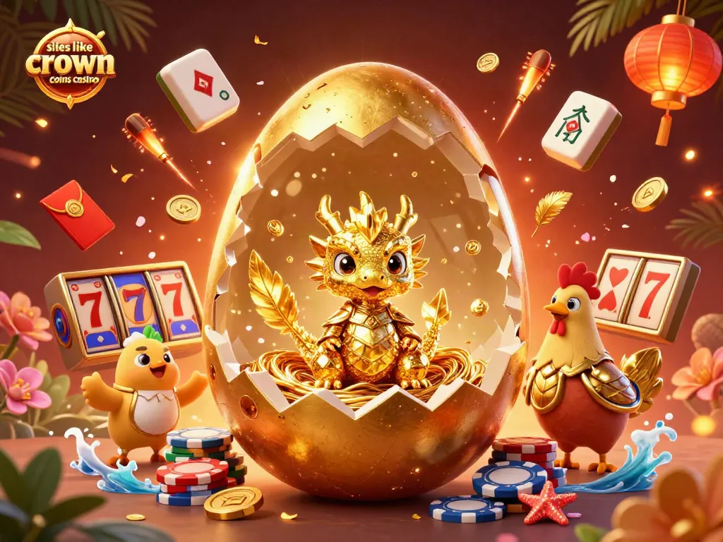 Experience sites like crown coins casino with a dazzling 3D scene featuring golden dragon and vibrant gaming elements.