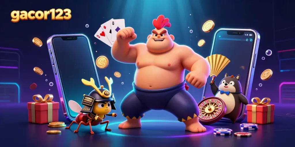 Engage with gacor123's vibrant online gaming scene featuring dynamic characters and colorful slot elements.