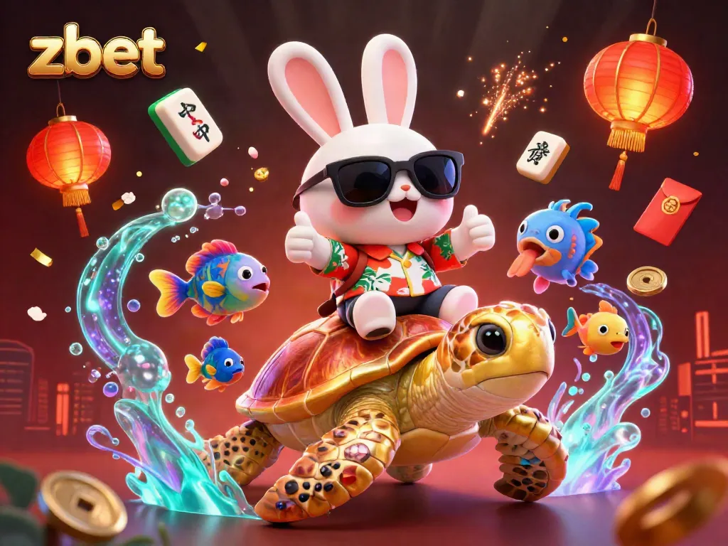 Celebrate wins with zbet's vibrant casino scene featuring a lucky rabbit and a golden turtle.