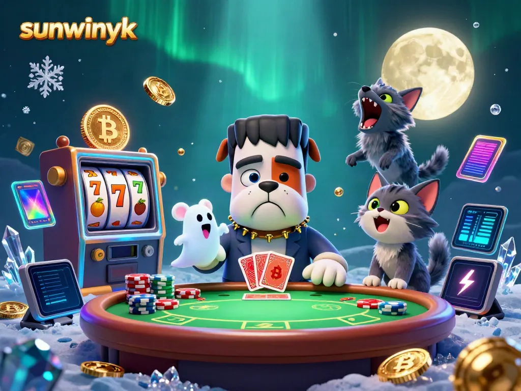 Engage in thrilling poker games with sunwinyk's vibrant 3D casino scene featuring unique characters.