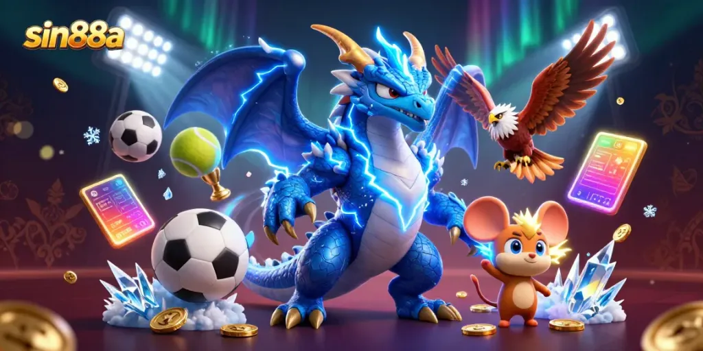 Bet on sin88a with thrilling 3D dragon, hawk, and sports betting elements for epic wins.