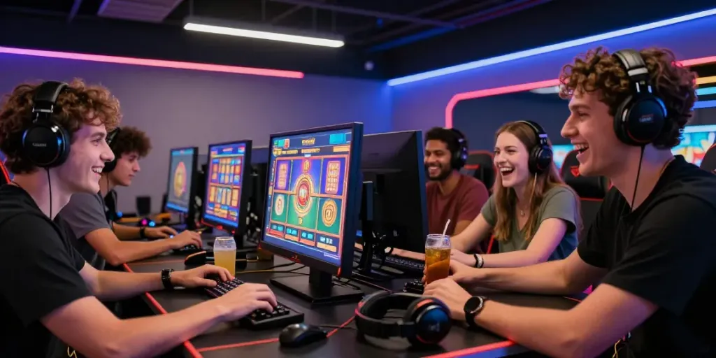 Friends enjoying akunjp slot gaming experience in a vibrant gaming room.