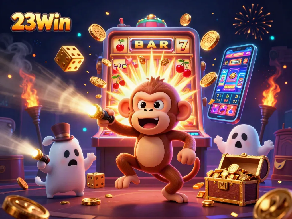 Engage with 23Win's thrilling atmosphere showcasing animated characters in a vibrant casino scene.