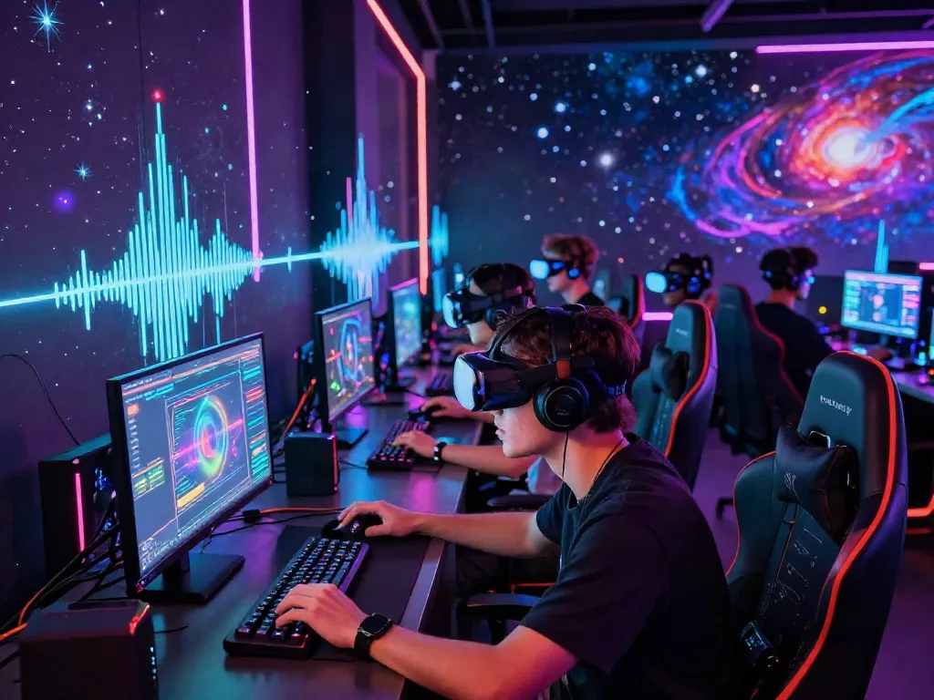 Competitive gaming at luxury111 with diverse players in a futuristic arena.