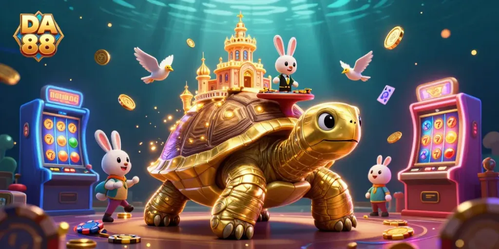 Engage with DA 88 atmosphere showcasing a golden tortoise casino, vibrant slot machines, and a rabbit dealer.
