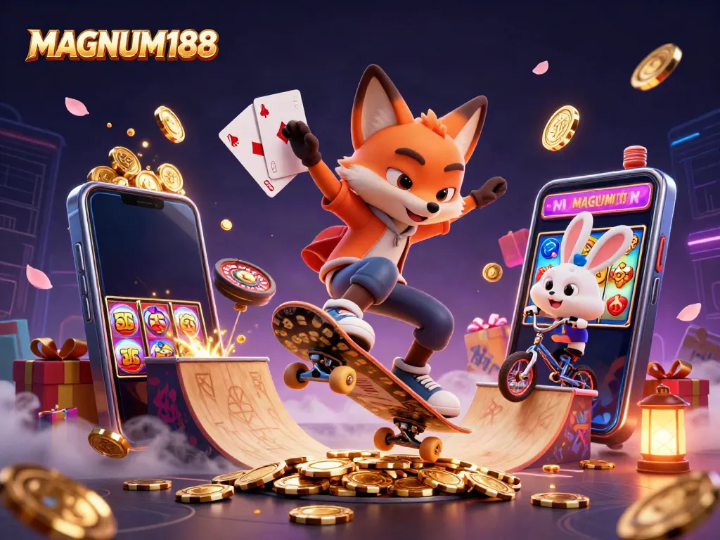 Enjoy thrilling gameplay with MAGNUM188, featuring a skateboarder fox and BMX rabbit in the casino world.