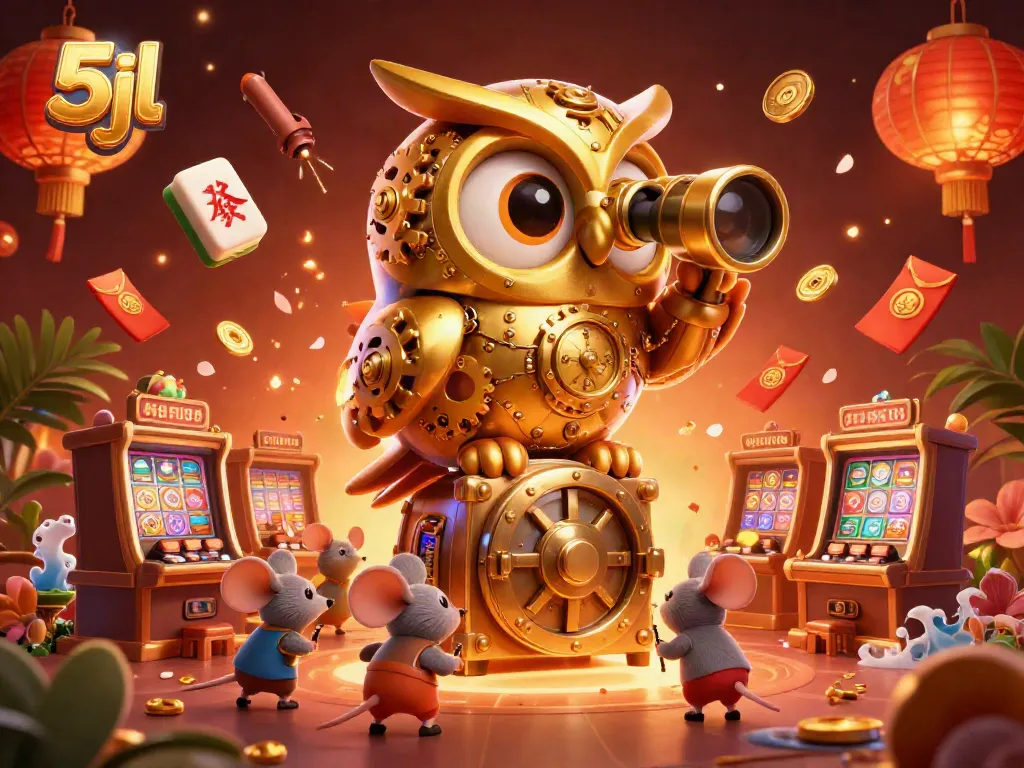 Engage with the exciting 5jl gaming world featuring a golden owl and vibrant casino atmosphere.