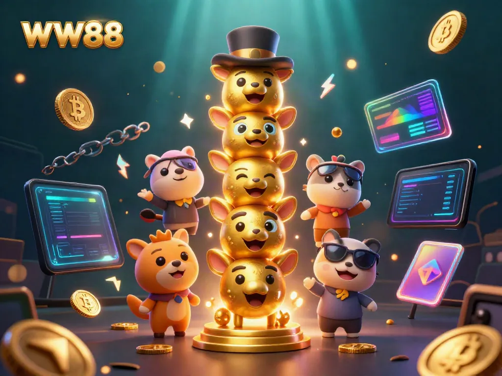 Experience the vibrant world of WW88 with a dynamic casino-themed 3D illustration showcasing iconic elements and characters.