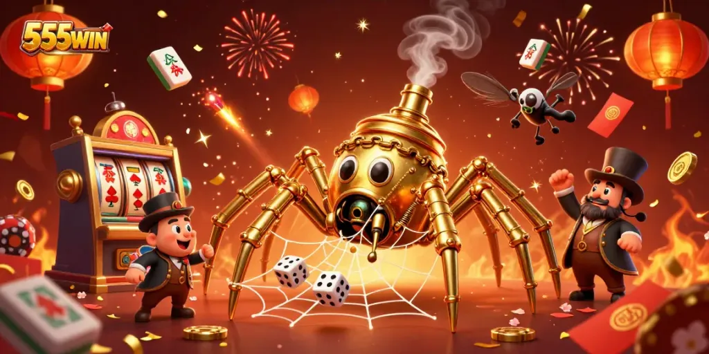 Engage with 555WIN in a vibrant steampunk casino scene filled with slot reels and festive elements.