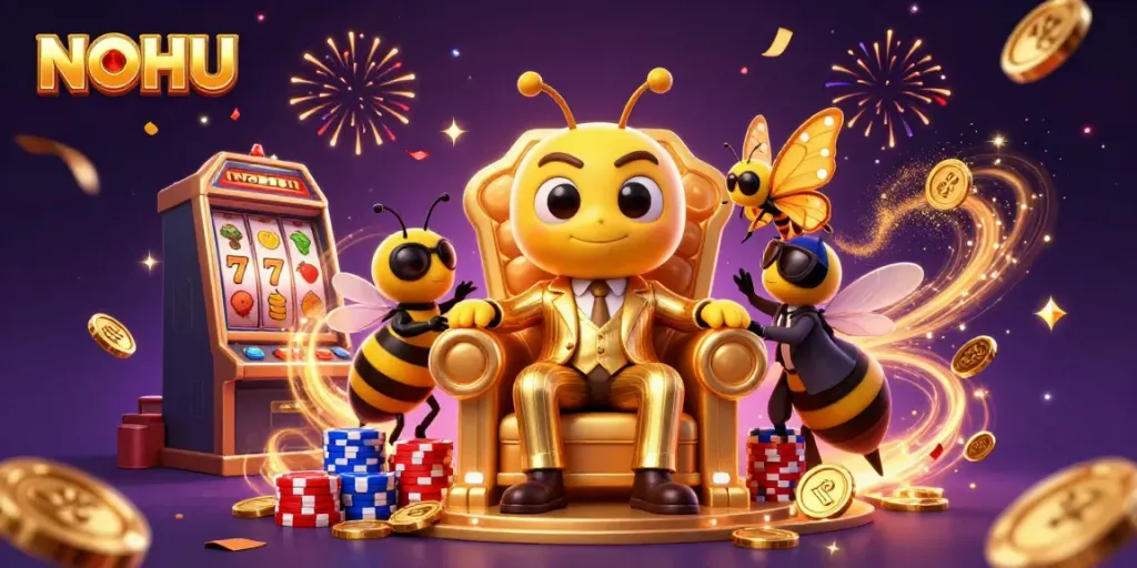 Engage with NOHU, the premier online casino, featuring a bumblebee mob boss in a lavish throne room, surrounded by vibrant slot reels, poker chips, and dazzling gems.
