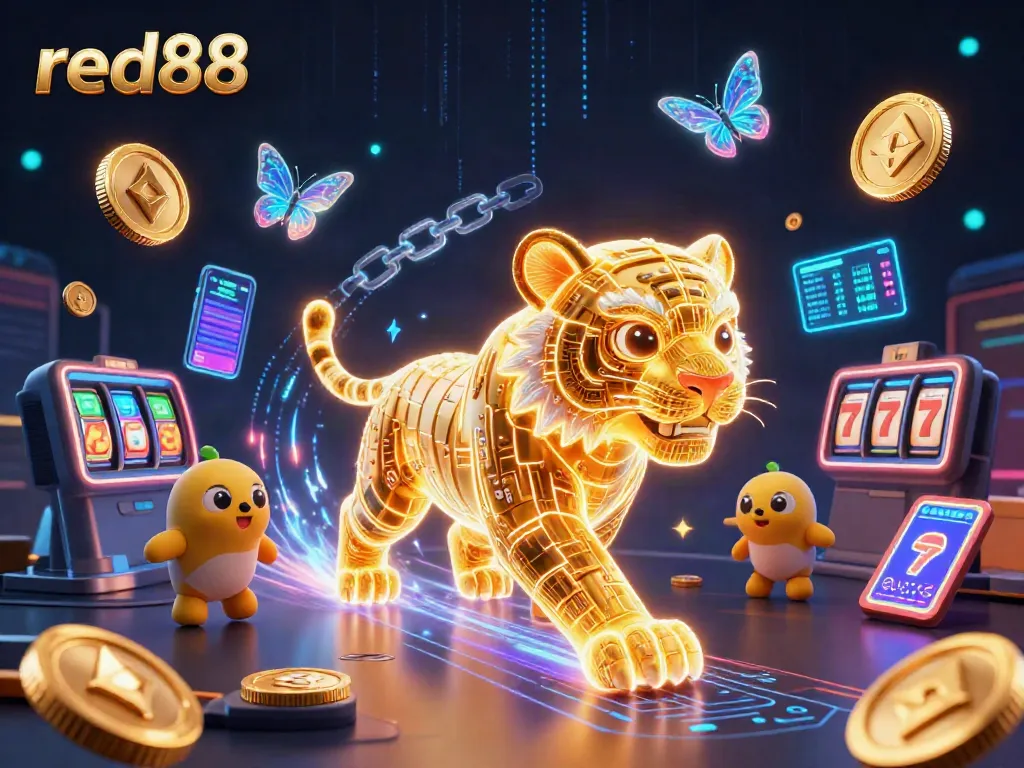 Join the excitement at red88, a vibrant digital casino showcasing a neon tiger and slot elements.