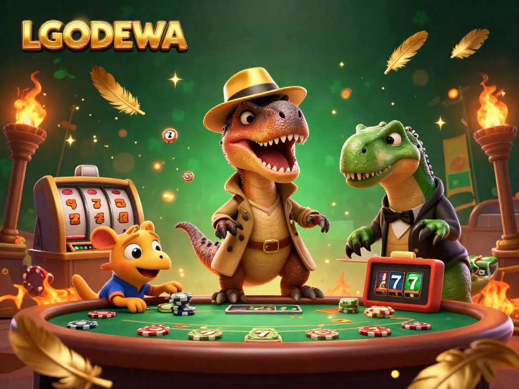 Experience thrilling gameplay with LGODEWA featuring a velociraptor at a blackjack table, where excitement meets strategy.