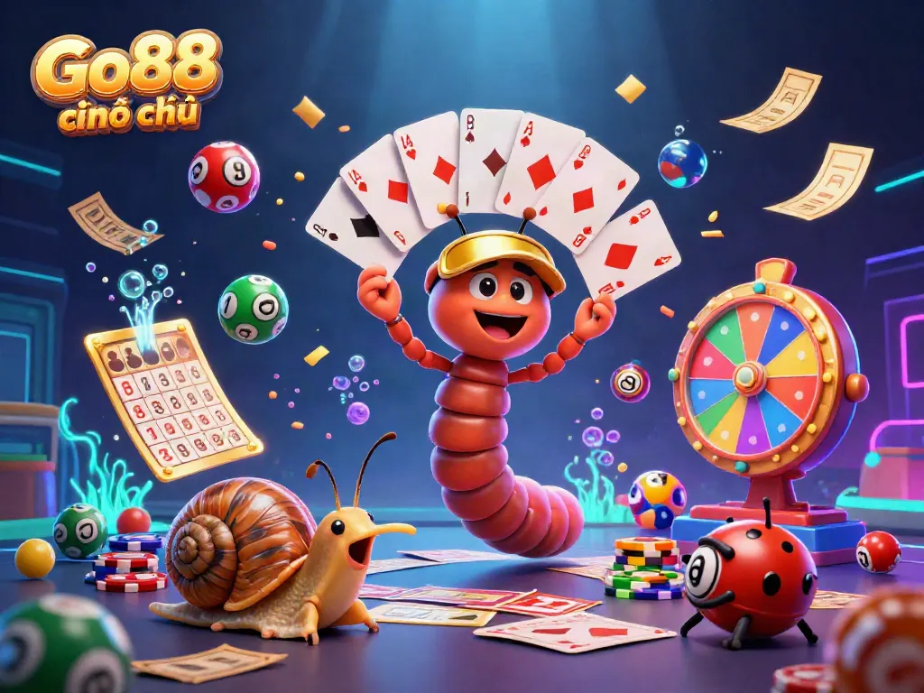 Engage with Go88 chính thức through an exciting 3D digital illustration of colorful casino-themed elements.