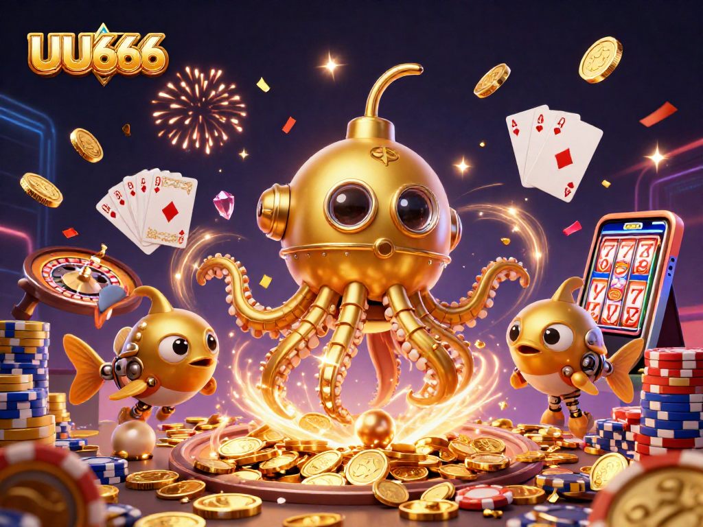 Experience thrilling gameplay at UU666 with a golden kraken submarine amidst coins and a vibrant casino backdrop.