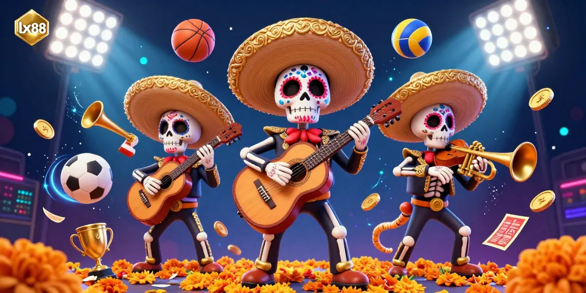 Experience winning at lx88 with the thrilling Day of the Dead mariachi band amidst lively gambling elements.
