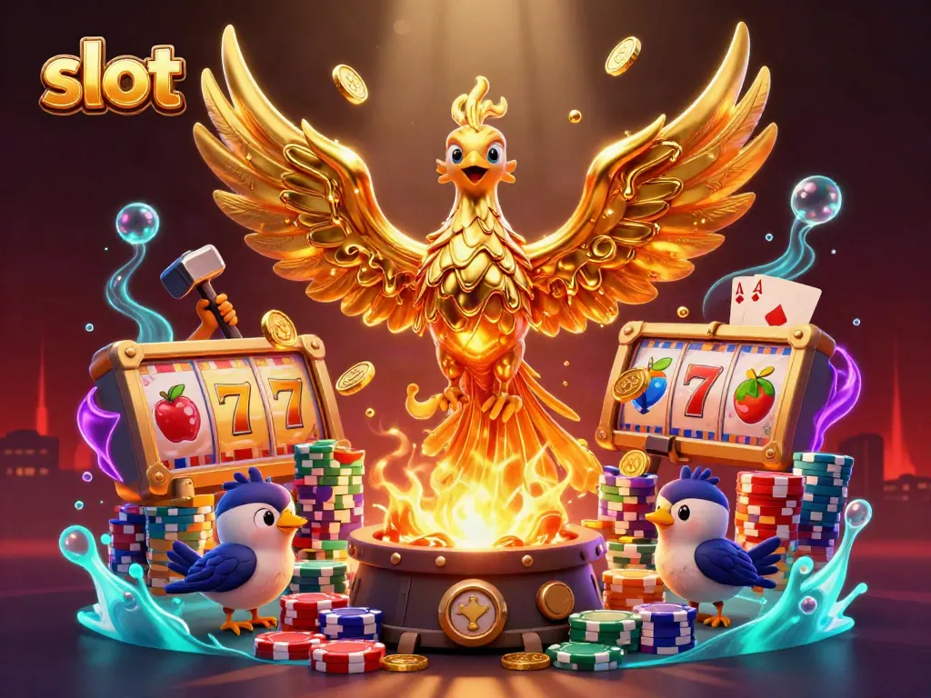 Engage with exciting slot games featuring a golden phoenix and vibrant reels filled with lucky symbols.