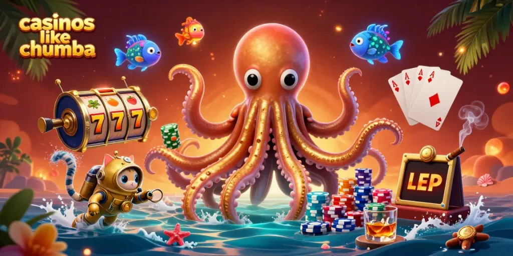 Play exciting games at casinos like Chumba, featuring a thrilling kraken scene with slot reels.