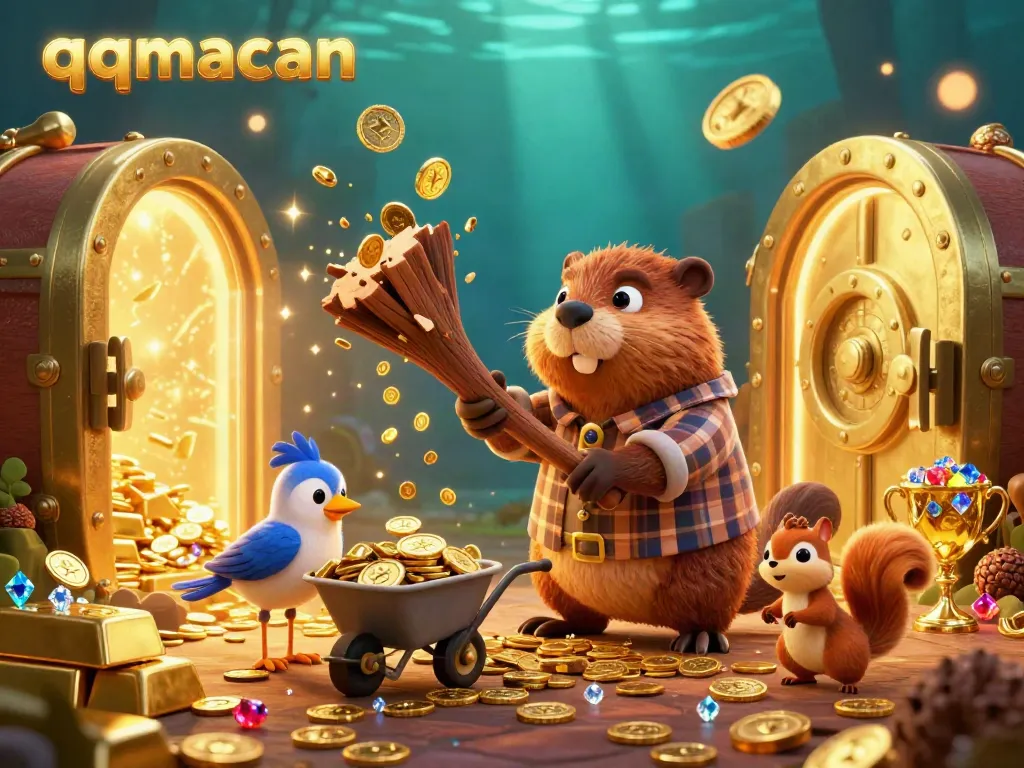 qqmacan showcases a lively cartoon scene with characters collecting coins amid golden treasures and gems.