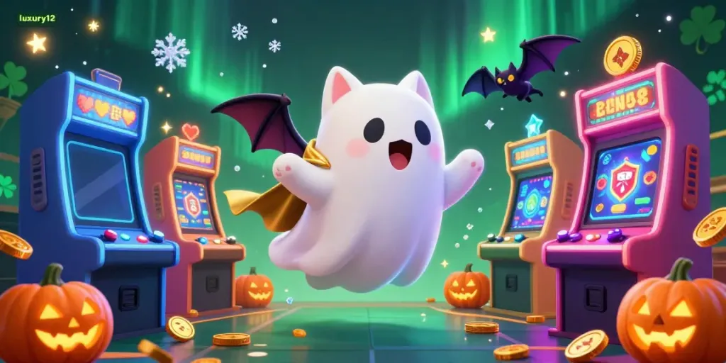 Experience the enchanting world of luxury12 with a ghost cat in a haunted casino filled with glowing slot machines and vibrant game elements.