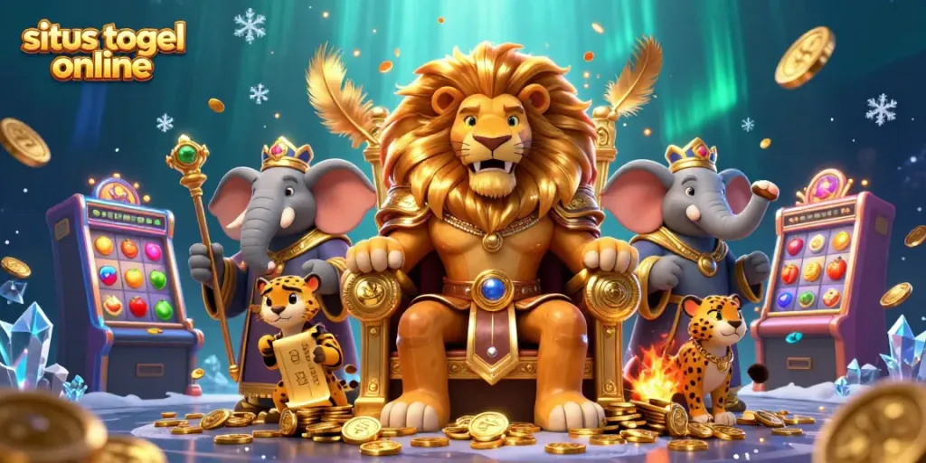 Menangkan hadiah di situs togel online dengan simbol slot dan raja tampil memukau dalam ilustrasi 3D.
