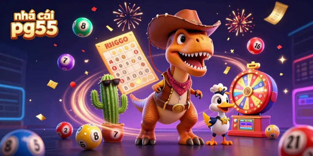 Engaging scene with characters from nhà cái pg55 amid colorful lottery elements and festive confetti.
