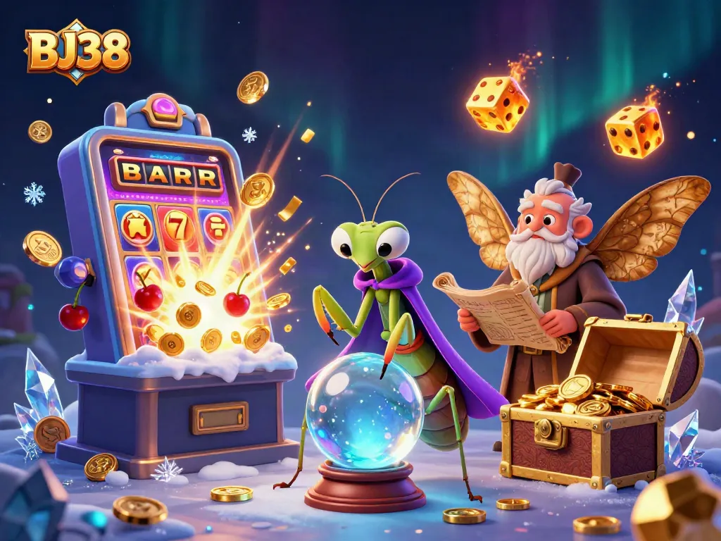 Win big with BJ38's captivating 3D casino illustration showcasing vibrant game elements and characters.