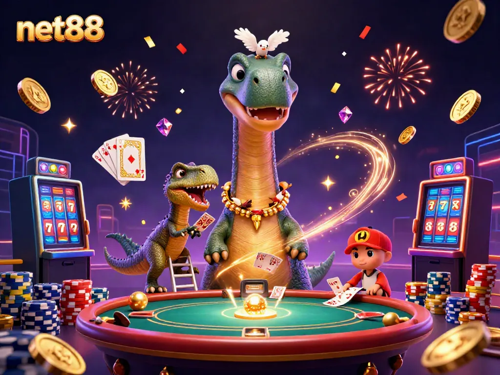 Experience exciting gameplay at net88 with a playful scene featuring a brontosaurus, raptor dealer, and vibrant casino elements.