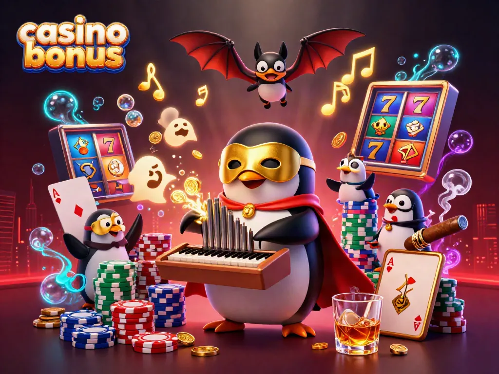 The colorful scene showcases a casino bonus themed with a penguin playing an organ shooting coins amidst dynamic gaming elements.