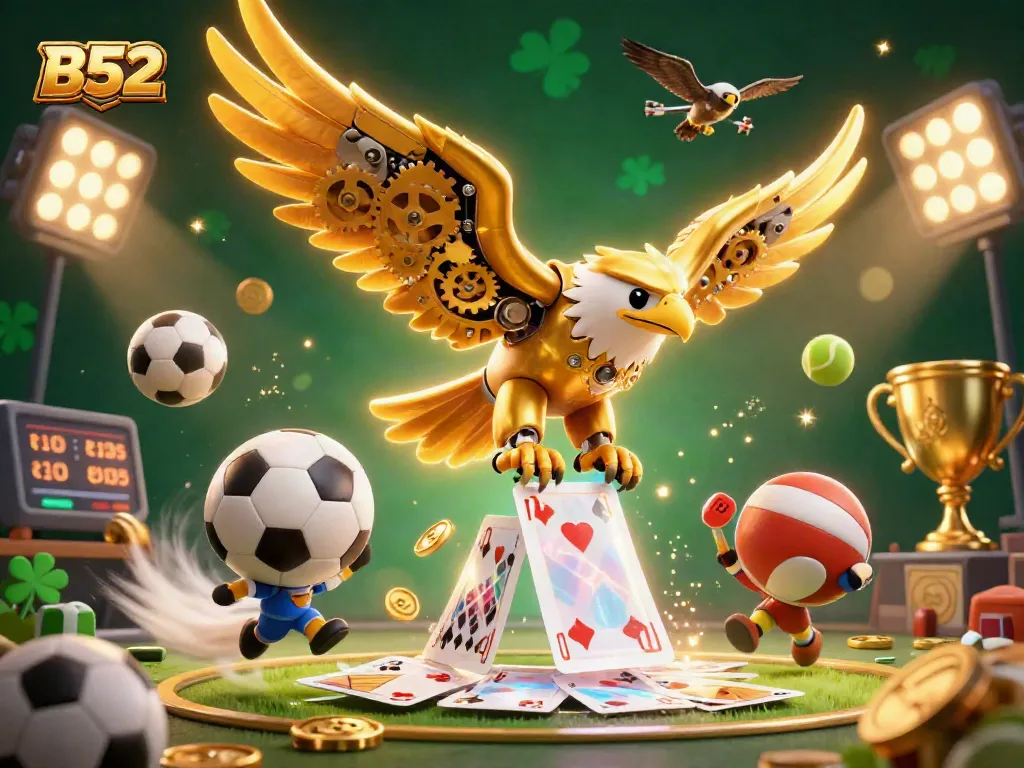 Experience winning strategies with B52 game elements and dynamic sports action in this vibrant casino illustration.