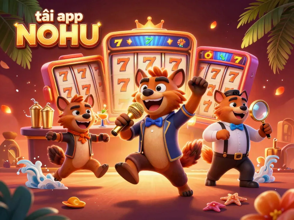 Experience excitement and entertainment with the vibrant "tải app NOHU" casino-themed illustration featuring hyenas in action.