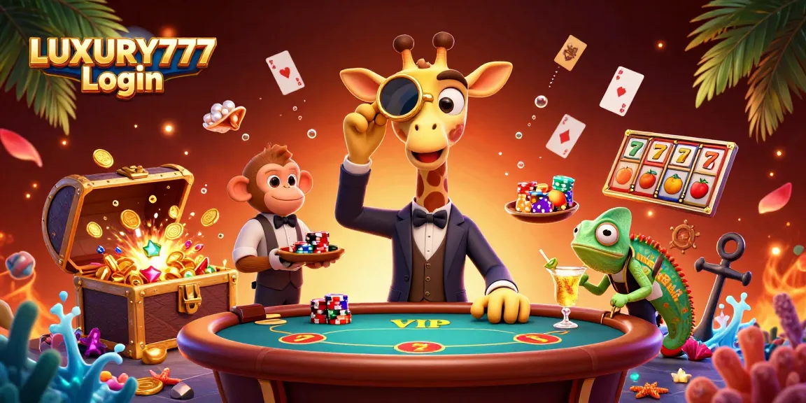 Masuk ke LUXURY777 Login dengan gaya bersama jerapah berbusana mewah di meja poker.