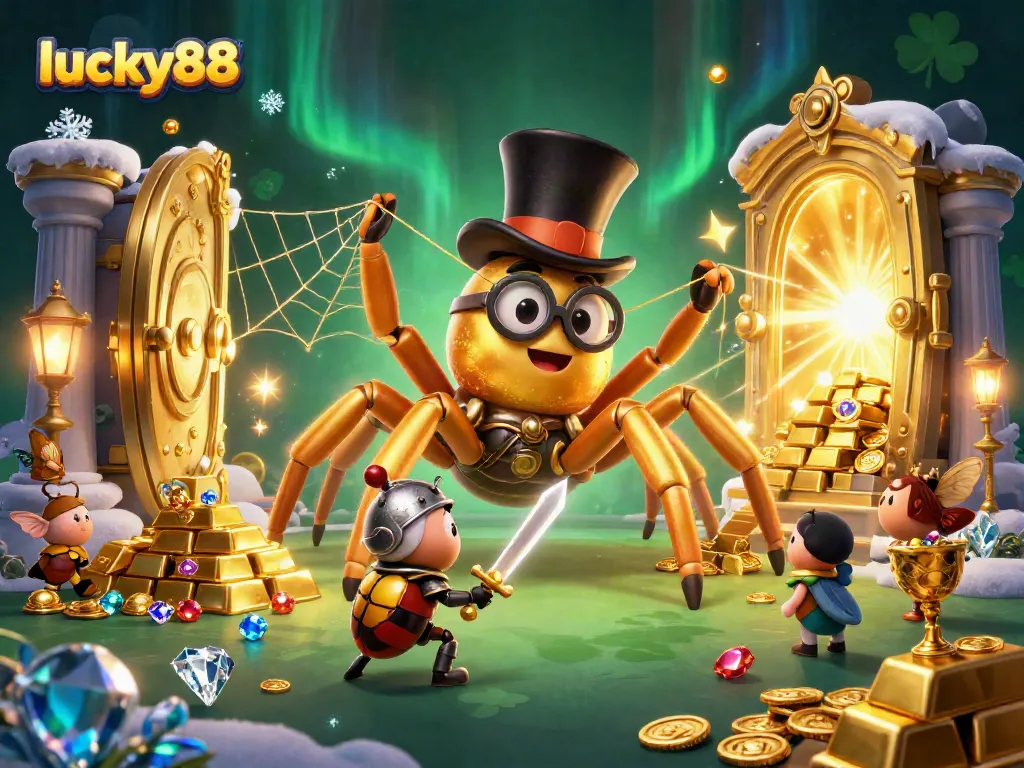 Engage with lucky88's vibrant casino scene featuring a golden tarantula, knight, and sparkling treasures.