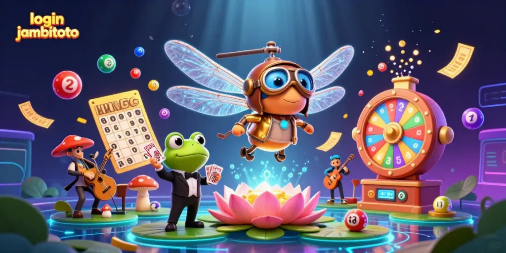 Experience the thrill of playing at JambiToto with the login jambitoto illustration, featuring a lively casino scene.