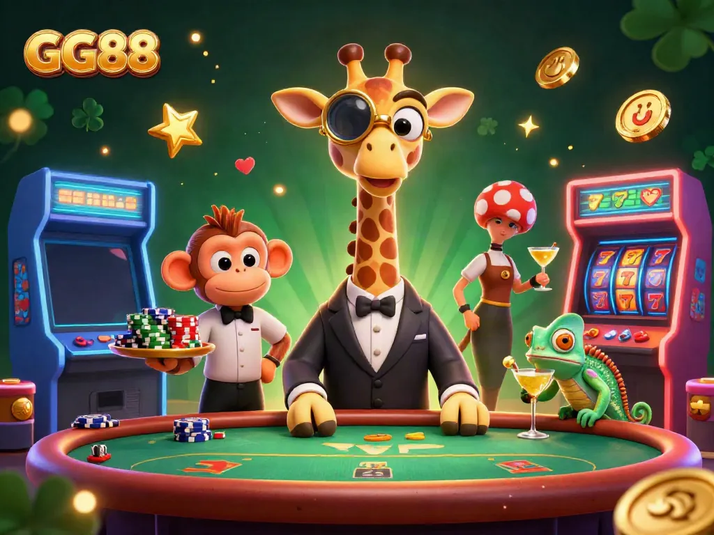 Experience high-stakes gaming at GG88 with a vibrant casino scene featuring a giraffe in a suit and colorful arcade elements.