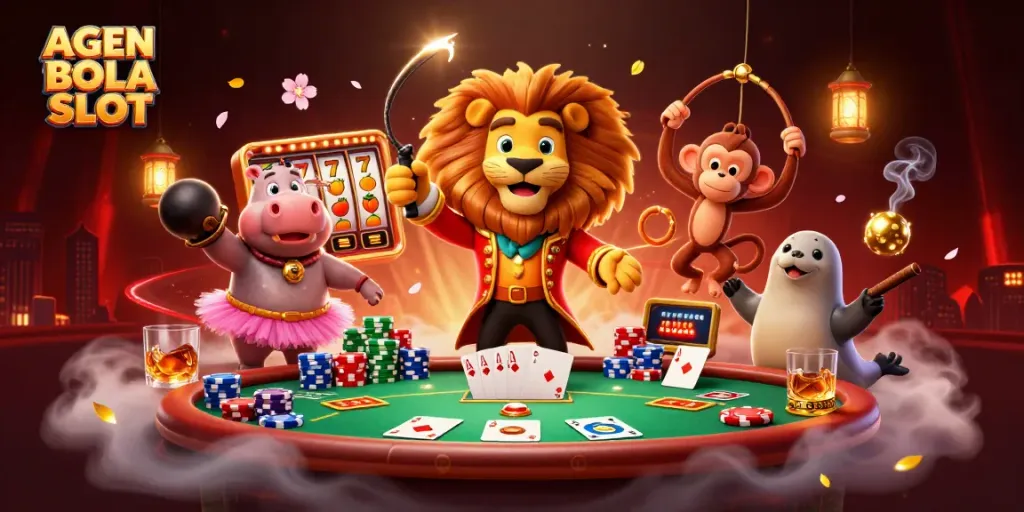 Play thrilling games at AGEN BOLA SLOT with vibrant slot reels and unique characters in a dynamic casino setting.