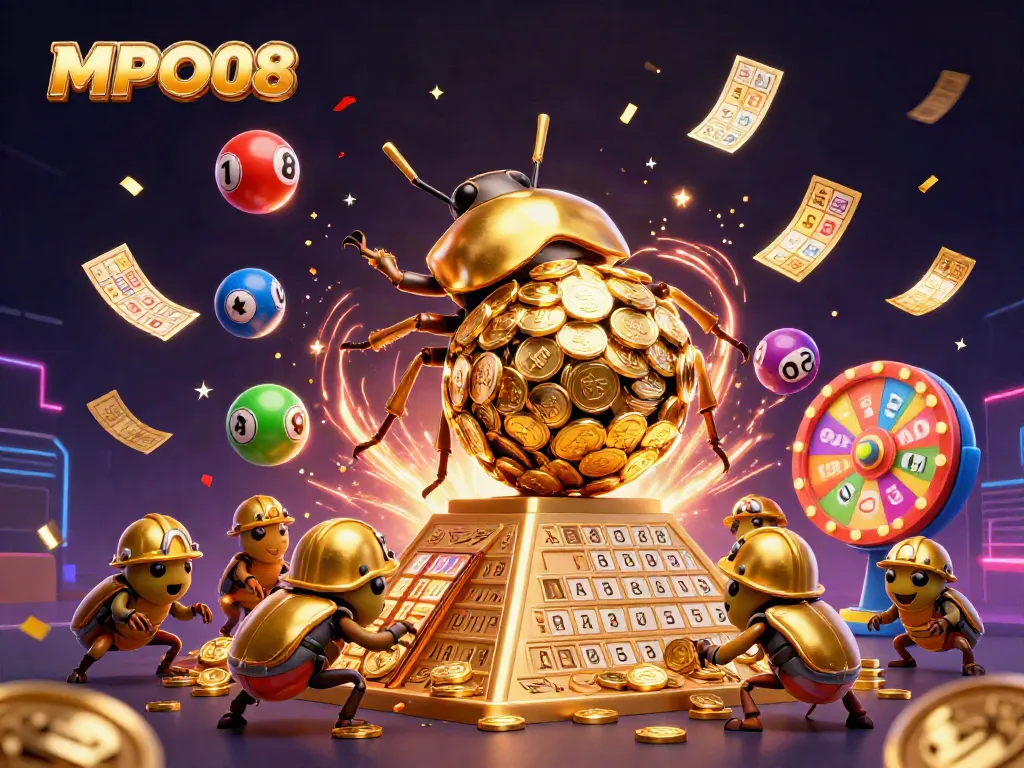 MPO08 offers a vibrant 3D scene of golden beetles amidst lottery elements, capturing the thrill of online gaming.