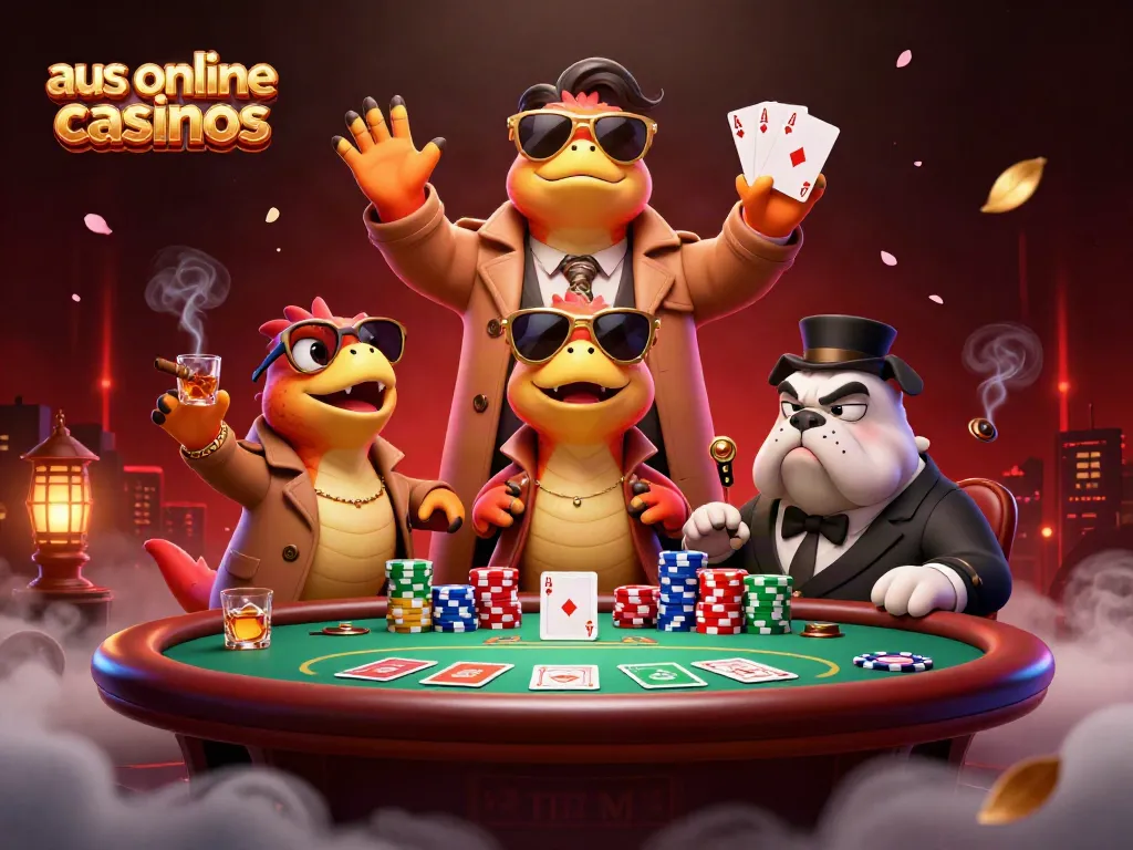 Experience the excitement of aus online casinos with cartoon raptors charming a bouncer at a VIP entry.