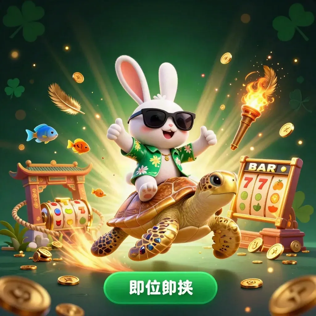 Lucky rabbit rides a golden turtle amid casino treasures and emerald glow