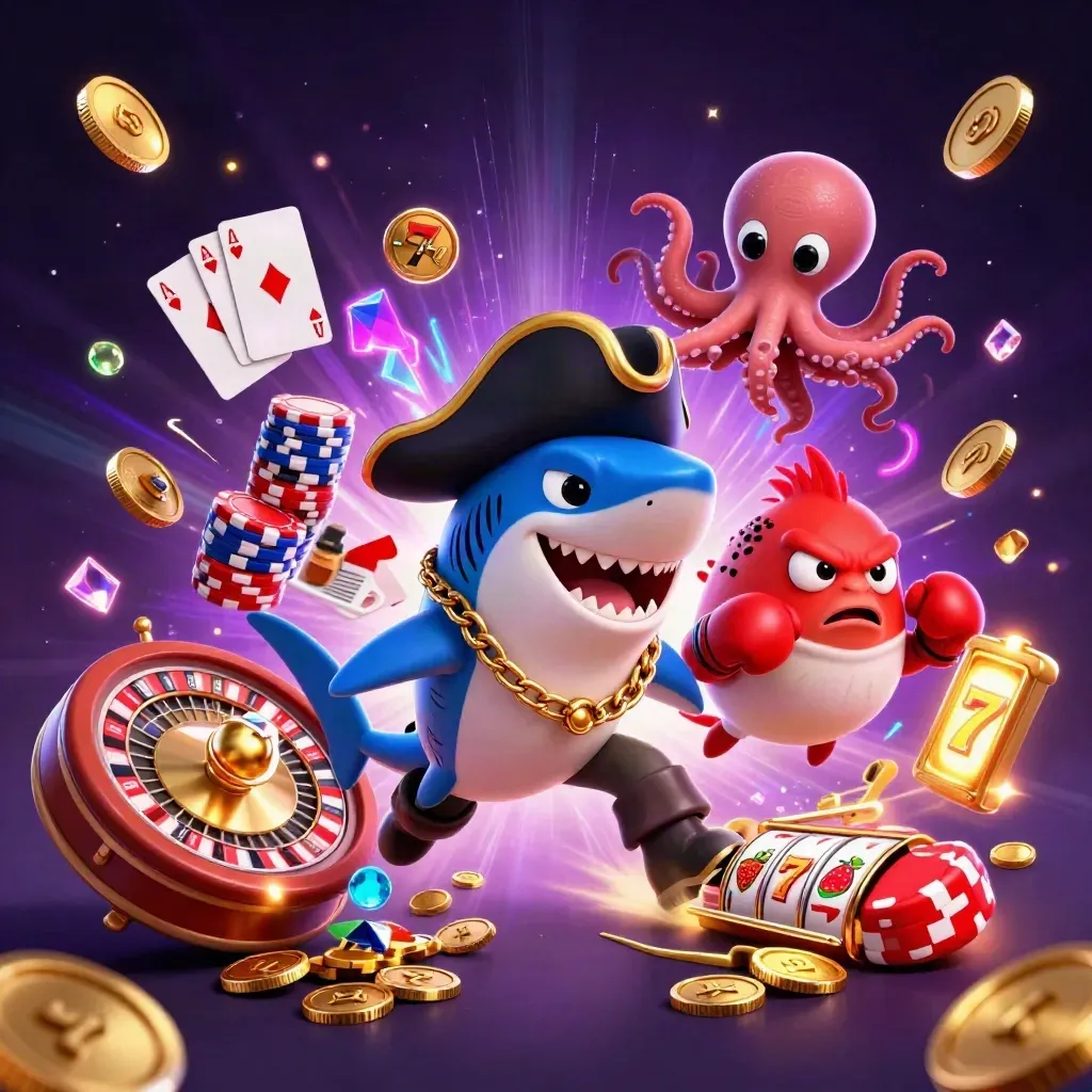 Pirate shark, pufferfish, and octopus amid coins, cards, chips, reels, and neon casino energy.