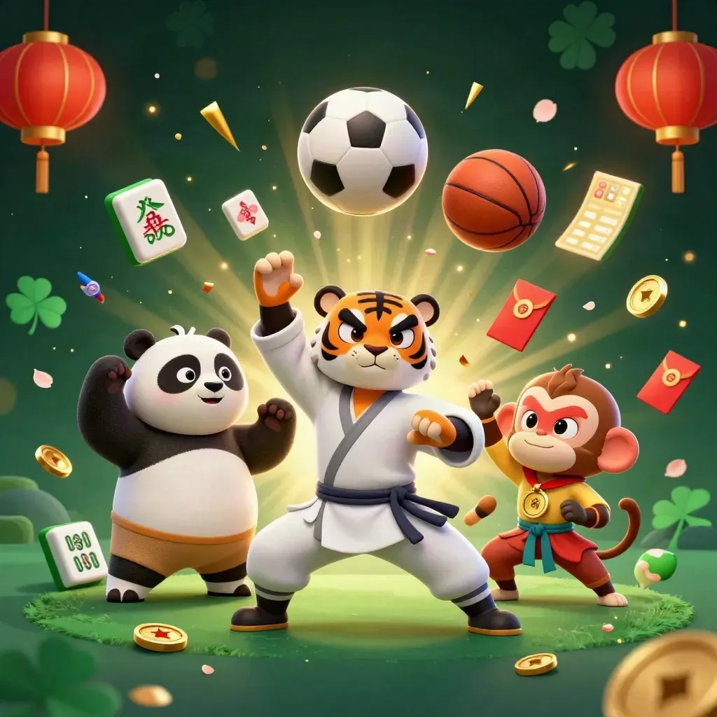 Kung-fu tiger, panda, and monkey amid flying gold tiles, lanterns, coins, and sports balls.