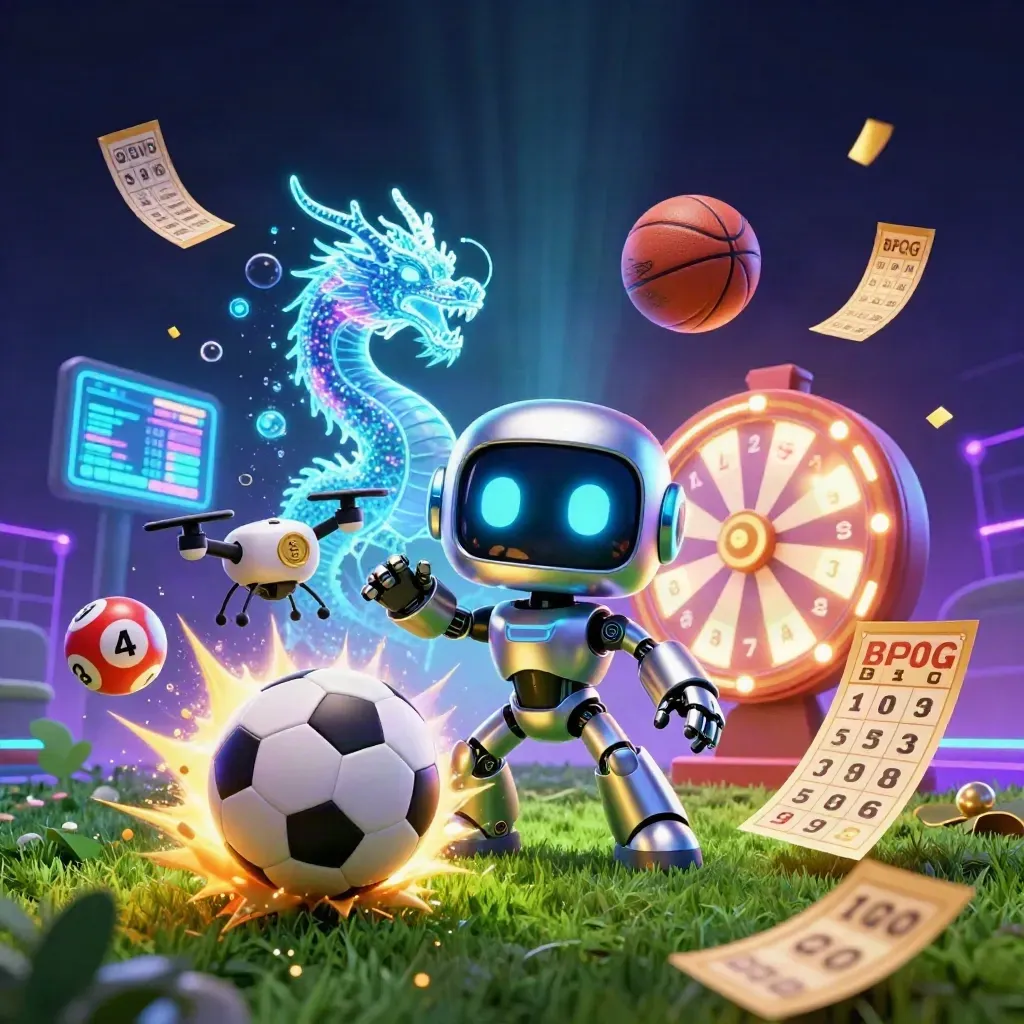 Cyberpunk robot, digital dragon, and drone at a glowing soccer-ball impact amid casino game elements.