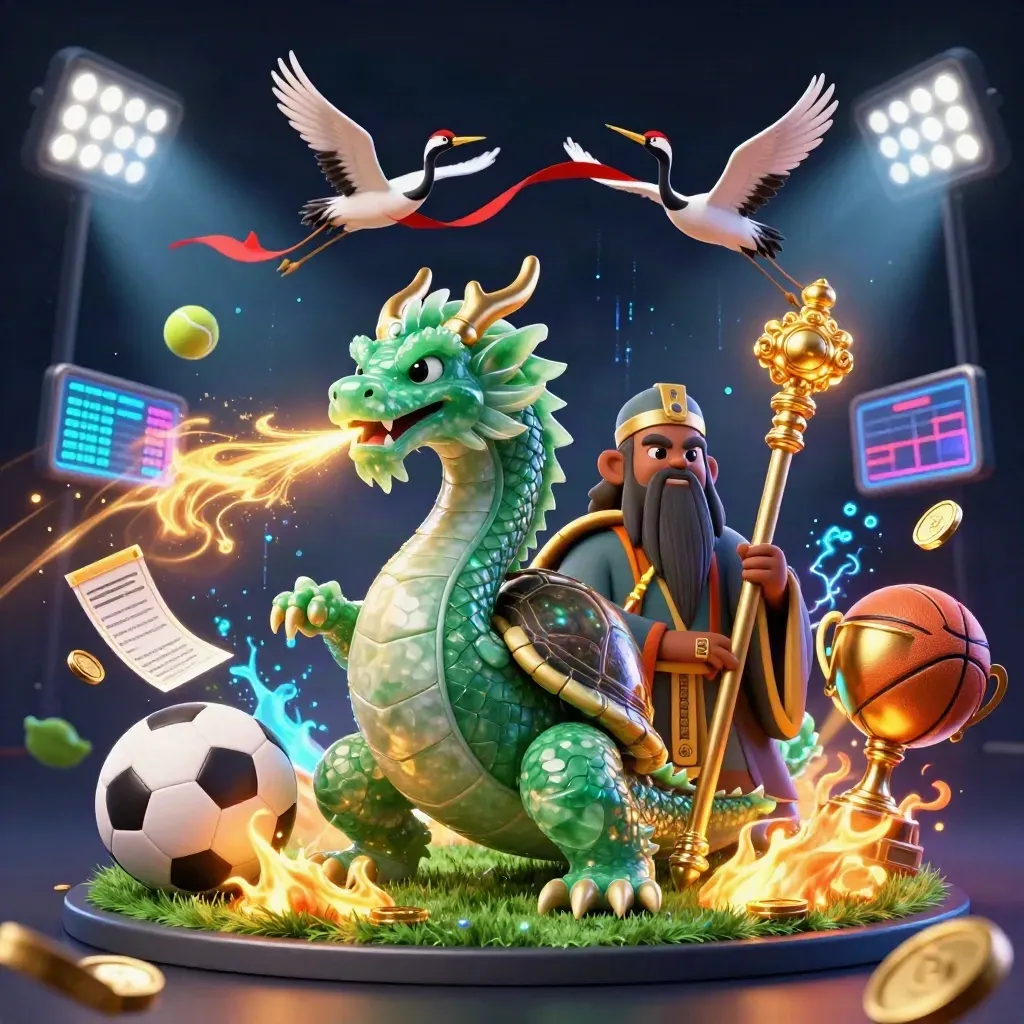 Dragon, turtle sage, cranes, and sports balls explode in a glowing casino fantasy scene.