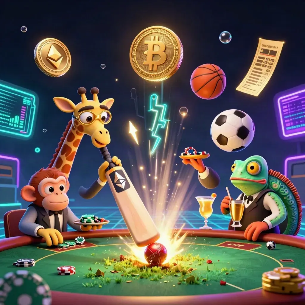 Cricket impact scene with casino mascots, neon coins, and luxe glowing effects.
