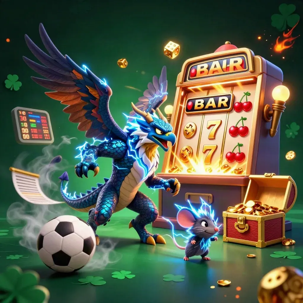 Thunder dragon, wind hawk and mouse amid flying slot symbols, gold, and sports balls.