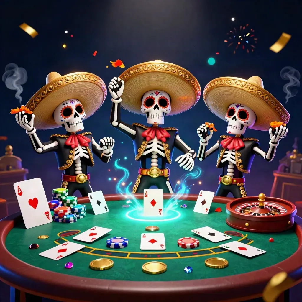 Skeleton mariachi trio in a luxe casino scene with chips, cards, fireworks, and neon glow.